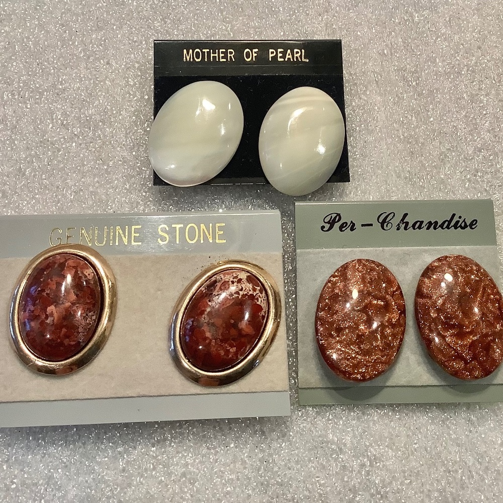 Vintage Button Clip On Earrings MOP - Agate- Sunstone Mixed Lot of 3